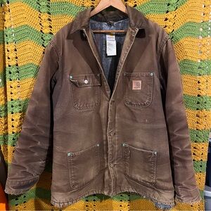 Vintage Carhartt Brown Duck Chore Jacket Corduroy Collar Blanket Lined